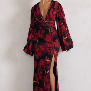 Club L London Casarile Red and Black Floral Long Sleeve Dress